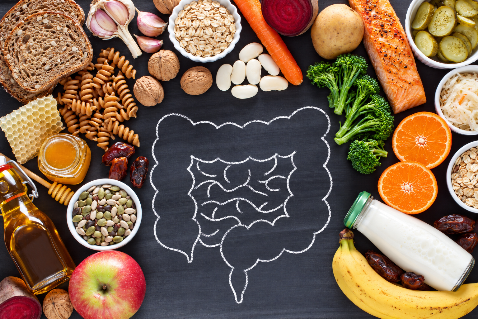 AI-generated illustrative food flat lay with intestinal chalk drawing