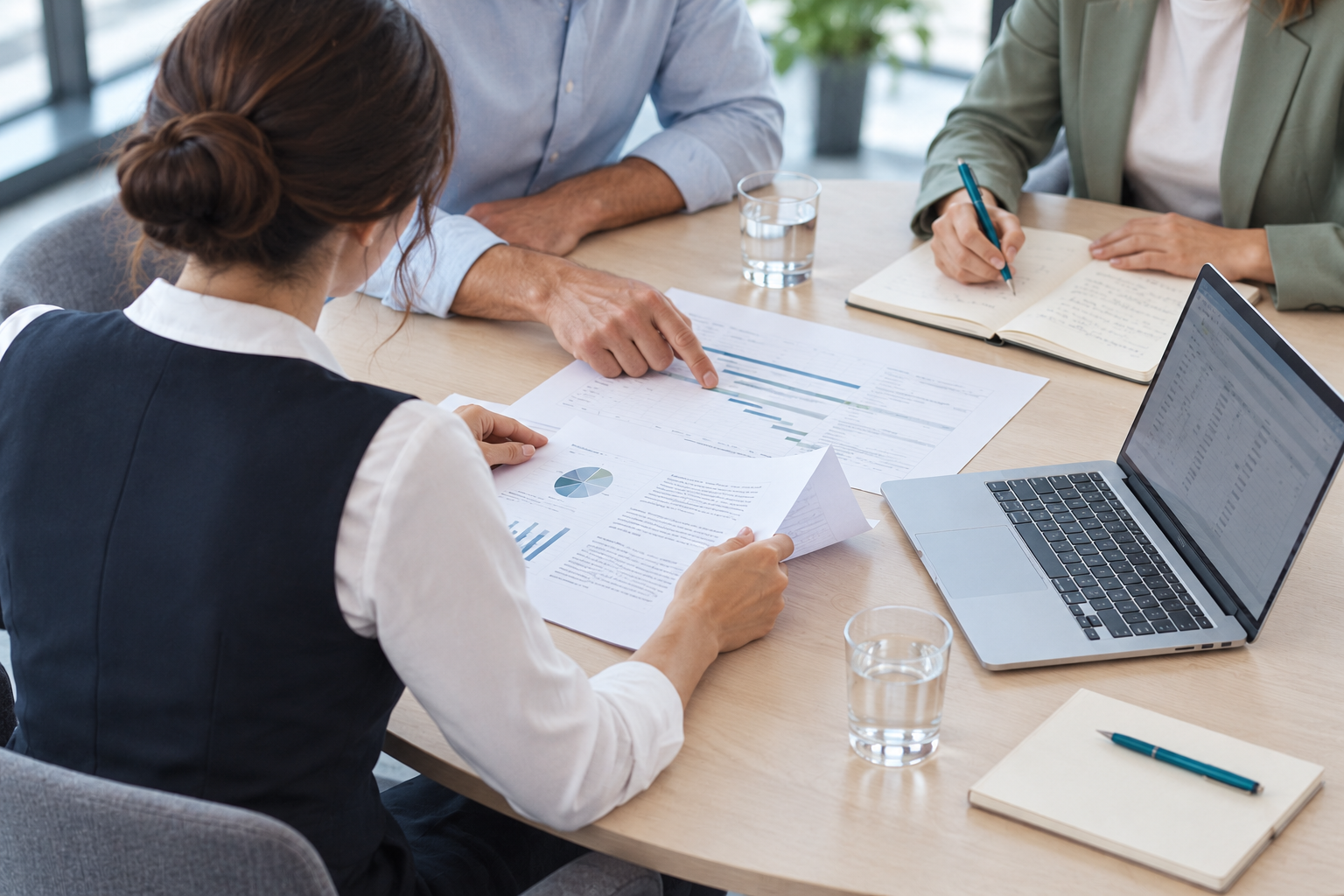 AI-generated illustrative colleagues reviewing documents together at work